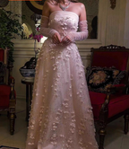 Stunning Pink Strapless 3D Floral Sequin Tulle Train Formal Prom Dress