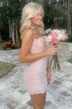 Stunning Pink Straps Sequins With Pearls Tight Homecoming Dresses