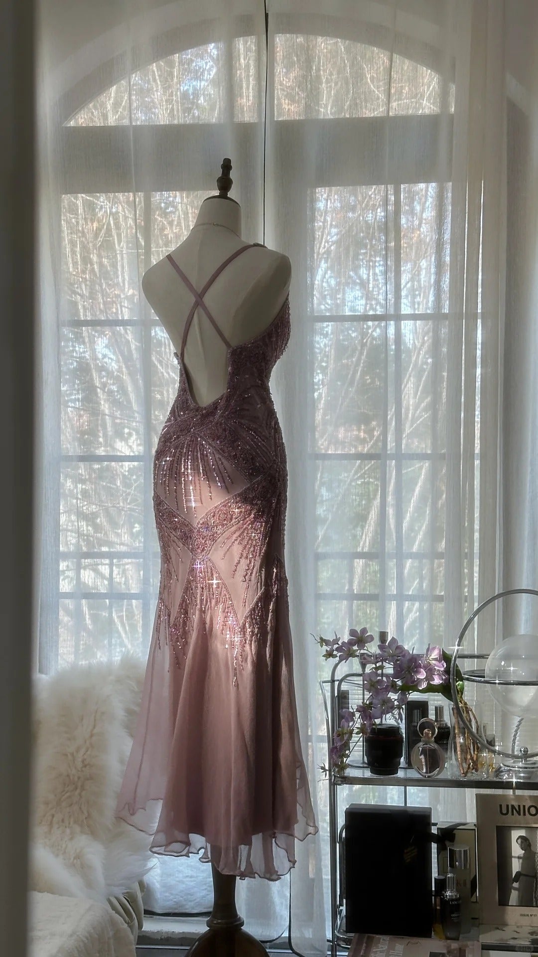 Stunning Pink Backless Beaded Chiffon Long Prom Dress
