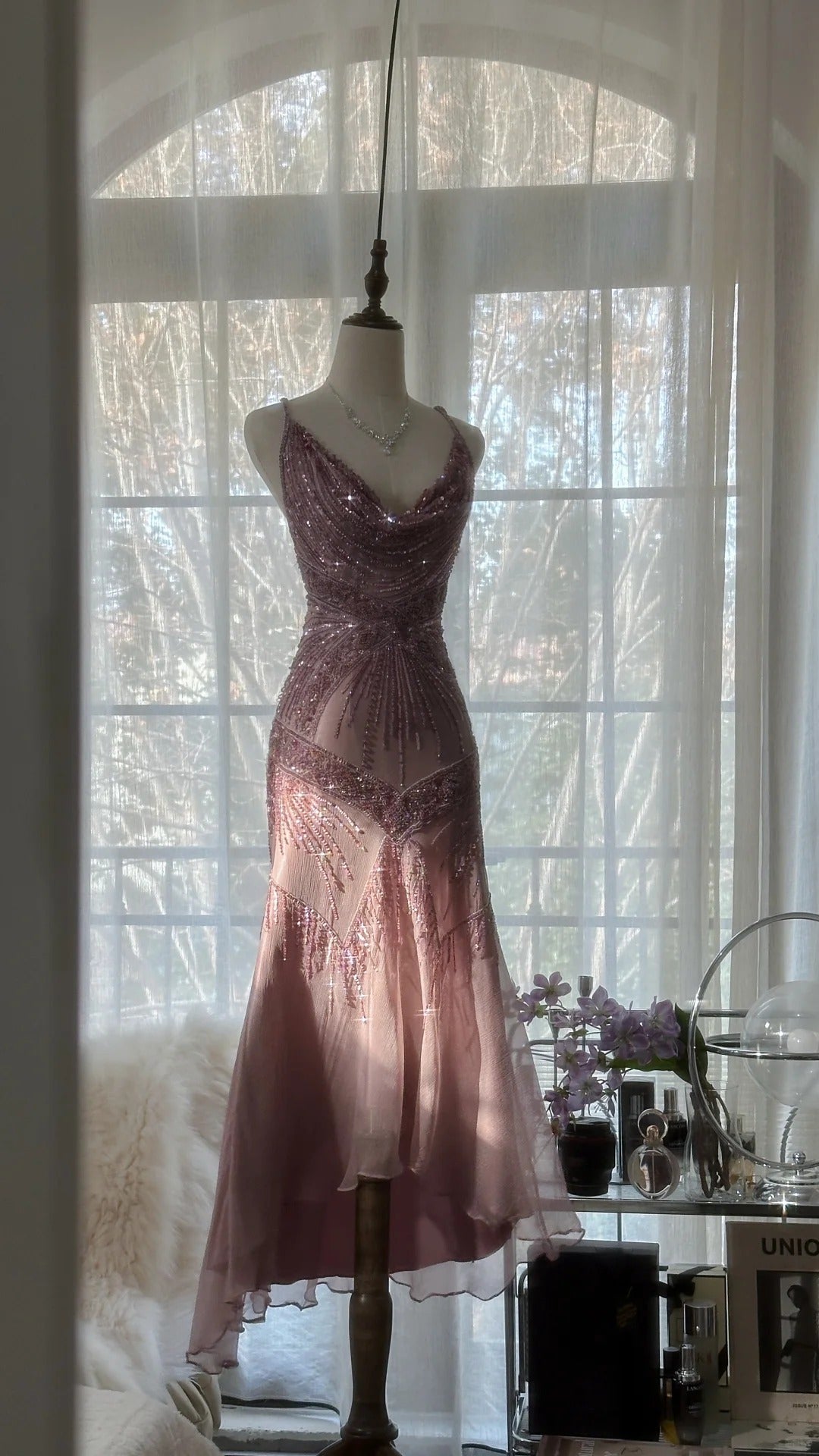 Stunning Pink Backless Beaded Chiffon Long Prom Dress