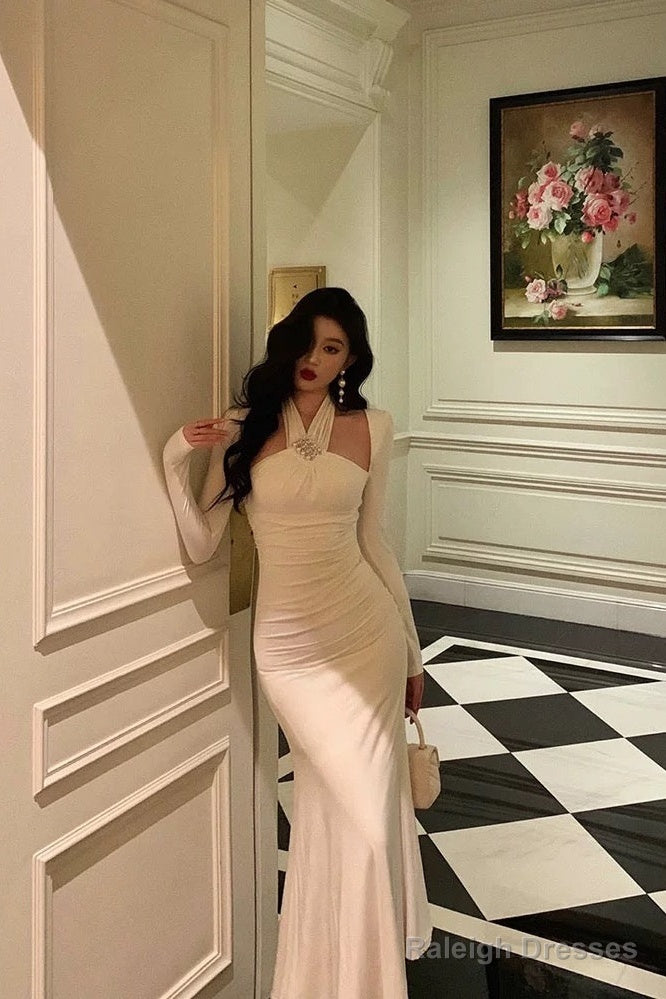 Stunning Sheath Halter Long Sleeves White Date Night Dress Ruffles Prom Dresses Birthday Outfit