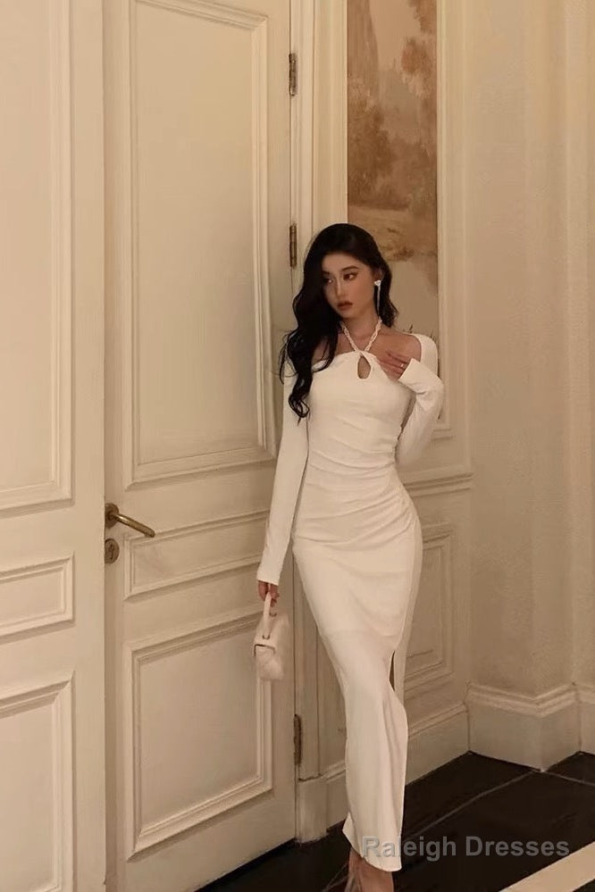 Stunning Sheath Halter Neckline Long Sleeves Date Night Dress White Prom Dresses Birthday Outfit Main image