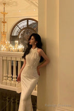 Stunning Sheath Jewel Neckline White Pleated Prom Dresses Birthday Outfit