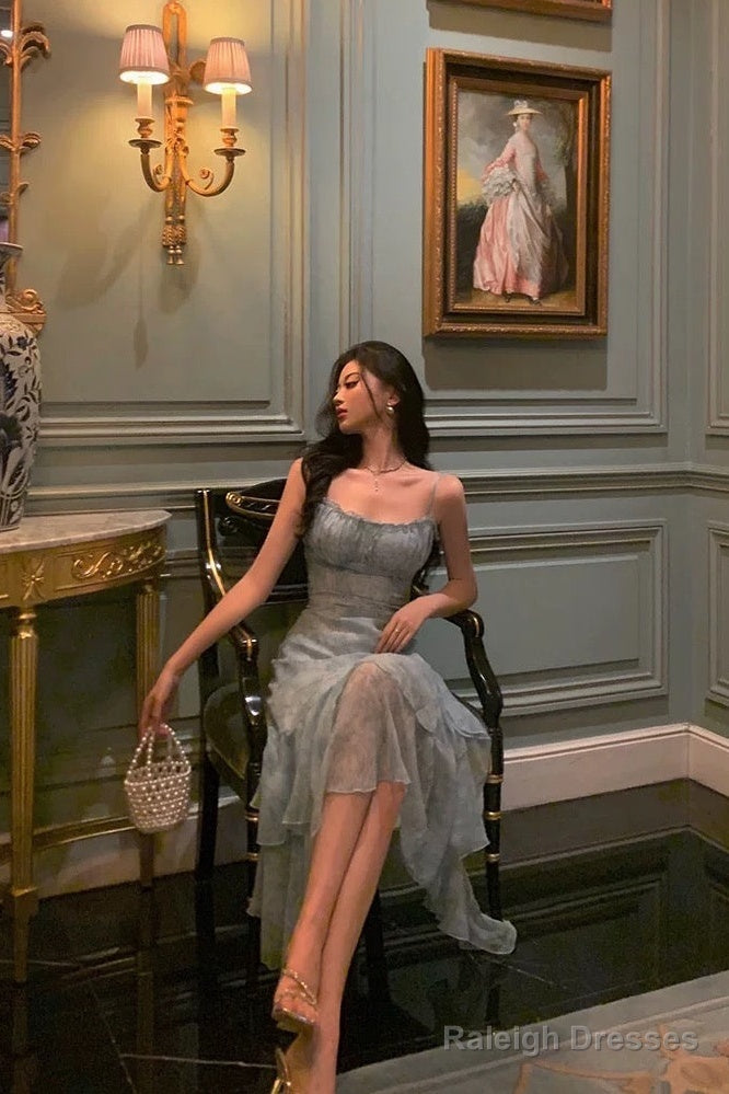 Stunning Sheath Spaghetti Straps Blue Chiffon Ruffles Date Night Dress Prom Dresses Birthday Outfit