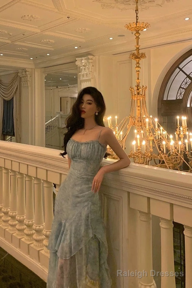 Stunning Sheath Spaghetti Straps Blue Chiffon Ruffles Date Night Dress Prom Dresses Birthday Outfit