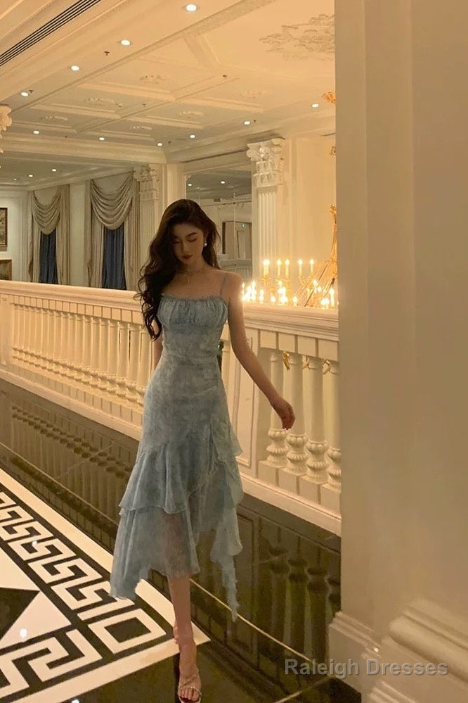 Stunning Sheath Spaghetti Straps Blue Chiffon Ruffles Date Night Dress Prom Dresses Birthday Outfit