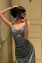 Stunning Sheath Spaghetti Straps Dusty Blue Date Night Dress Prom Dresses Birthday Outfit