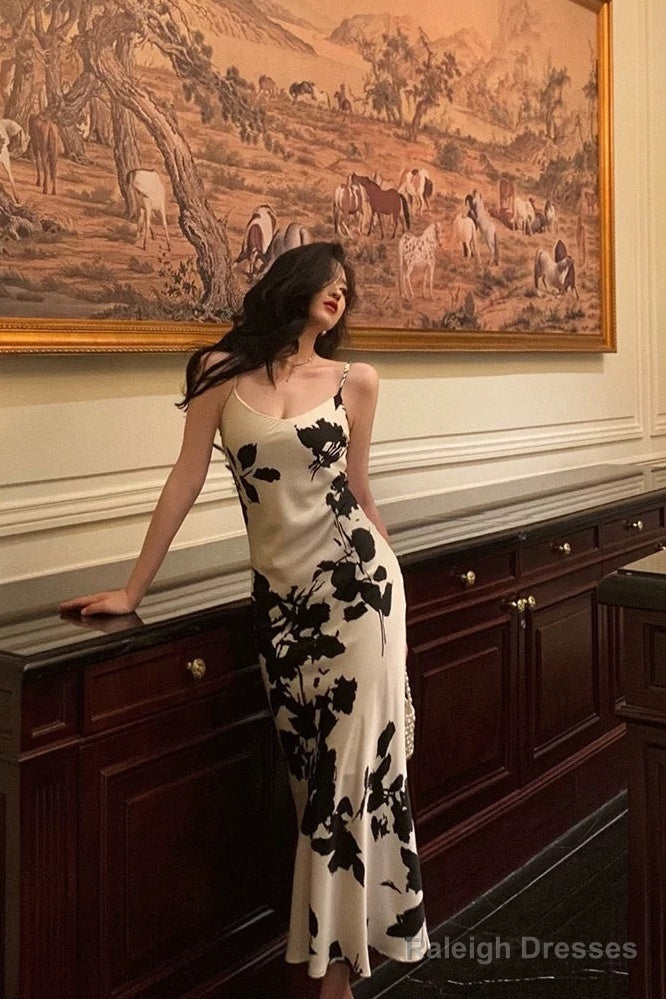 Stunning Sheath Spaghetti Straps Floral White Date Night Dresses Prom Dress Birthday Outfit