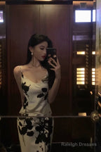 Stunning Sheath Spaghetti Straps Floral White Date Night Dresses Prom Dress Birthday Outfit