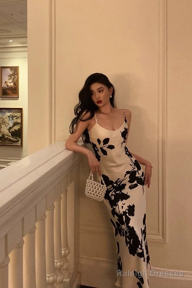 Stunning Sheath Spaghetti Straps Floral White Date Night Dresses Prom Dress Birthday Outfit