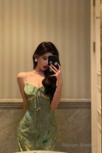 Stunning Sheath Spaghetti Straps Green Satin Date Night Dresses Prom Dress Birthday Outfit