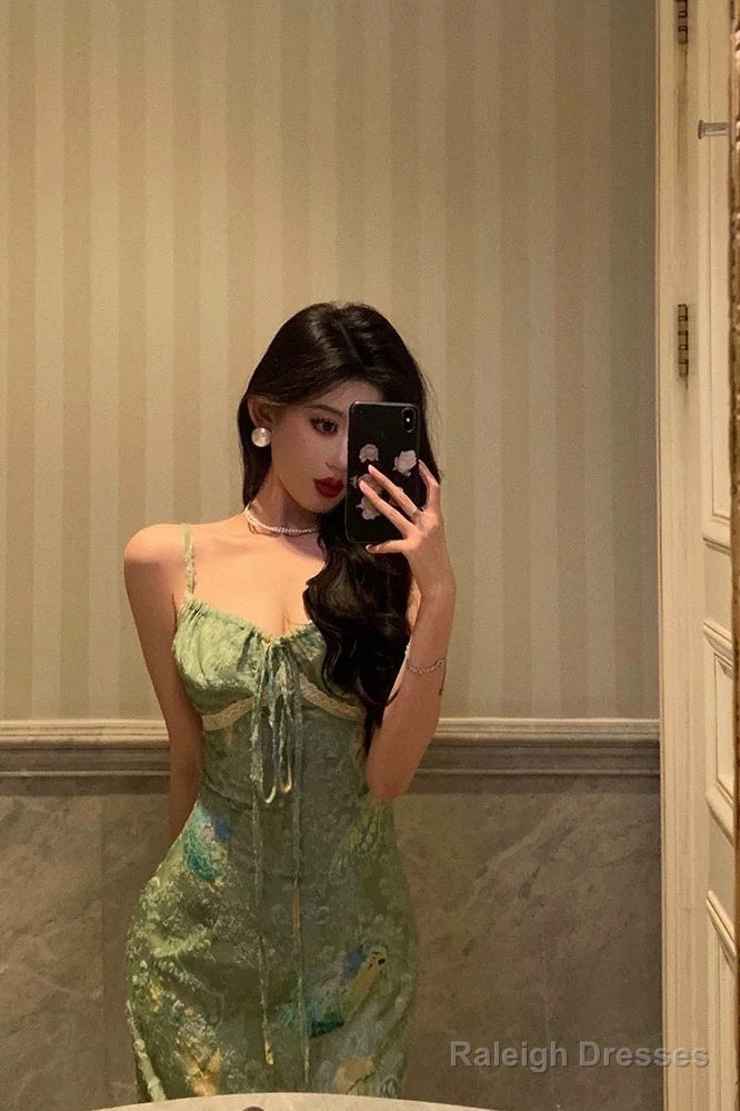 Stunning Sheath Spaghetti Straps Green Satin Date Night Dresses Prom Dress Birthday Outfit