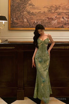 Stunning Sheath Spaghetti Straps Green Satin Date Night Dresses Prom Dress Birthday Outfit