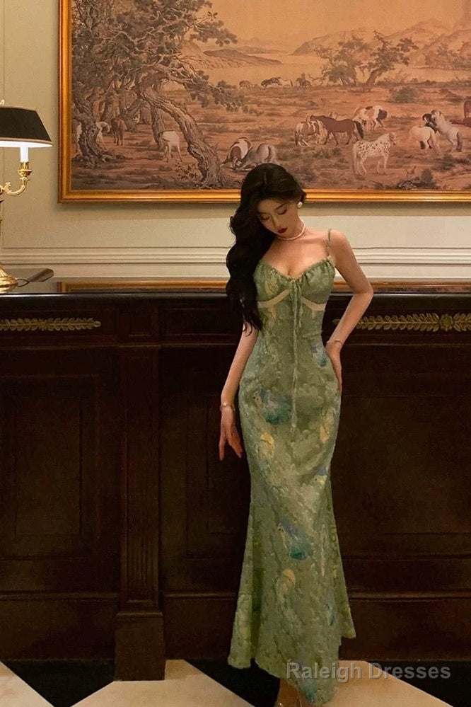 Stunning Sheath Spaghetti Straps Green Satin Date Night Dresses Prom Dress Birthday Outfit