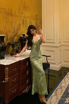 Stunning Sheath Spaghetti Straps Green Satin Date Night Dresses Prom Dress Birthday Outfit