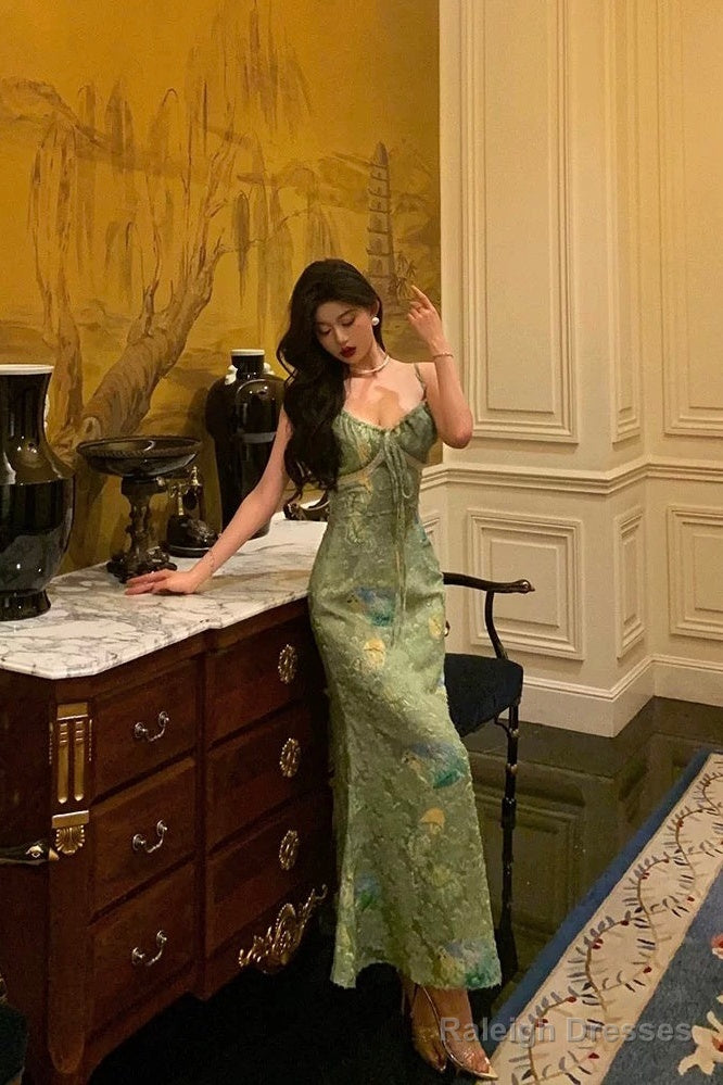 Stunning Sheath Spaghetti Straps Green Satin Date Night Dresses Prom Dress Birthday Outfit