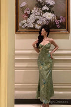 Stunning Sheath Spaghetti Straps Green Satin Date Night Dresses Prom Dress Birthday Outfit