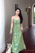 Stunning Sheath Spaghetti Straps Green Satin Date Night Dresses Prom Dress Birthday Outfit