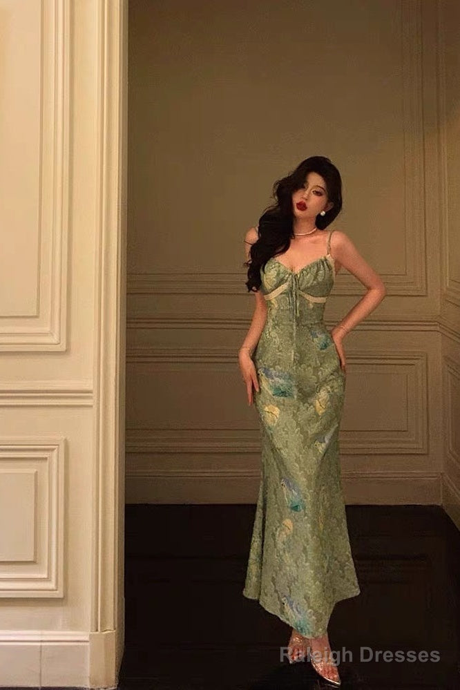 Stunning Sheath Spaghetti Straps Green Satin Date Night Dresses Prom Dress Birthday Outfit
