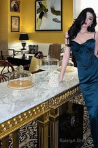 Stunning Sheath Spaghetti Straps Navy Blue Date Night Dress Ruffles Prom Dresses Birthday Outfit