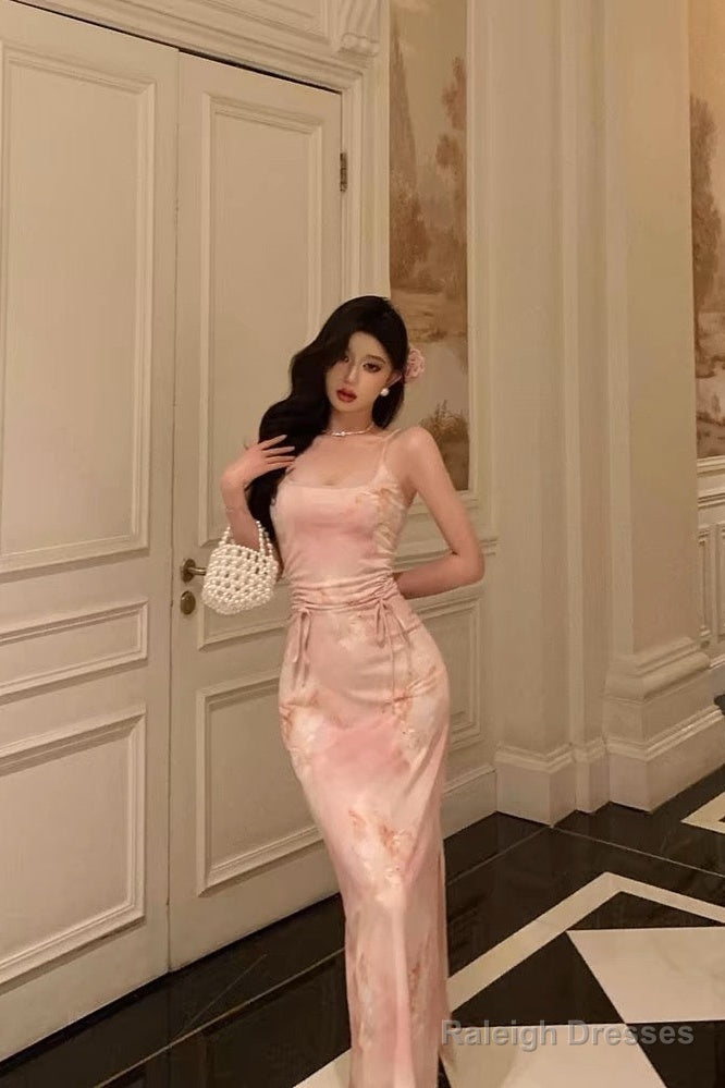 Stunning Sheath Spaghetti Straps Pink Floral Date Night Dress Prom Dresses Birthday Outfit Secondary image