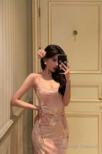 Stunning Sheath Spaghetti Straps Pink Floral Date Night Dress Prom Dresses Birthday Outfit