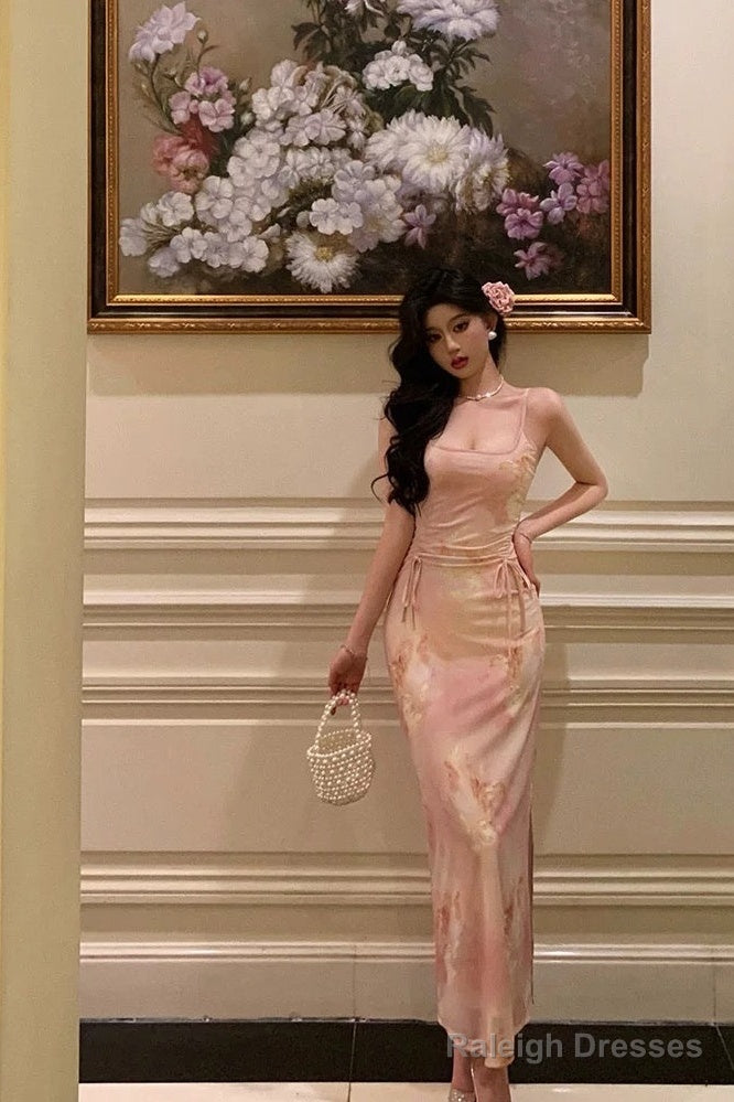 Stunning Sheath Spaghetti Straps Pink Floral Date Night Dress Prom Dresses Birthday Outfit