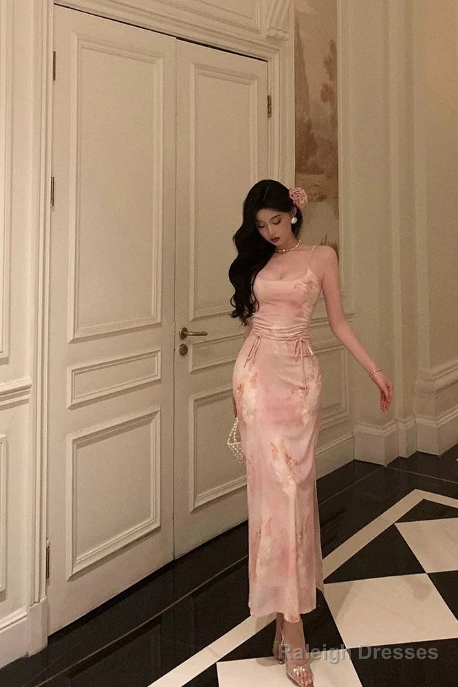 Stunning Sheath Spaghetti Straps Pink Floral Date Night Dress Prom Dresses Birthday Outfit Main image