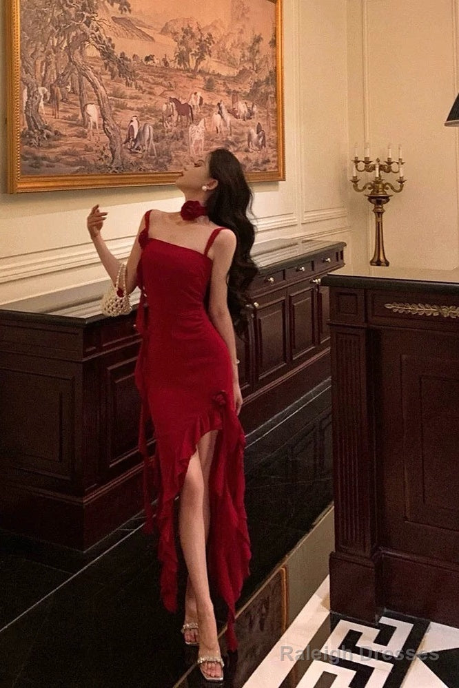 Stunning Sheath Spaghetti Straps Red Ruffles Date Night Dress Prom Dresses Birthday Outfit