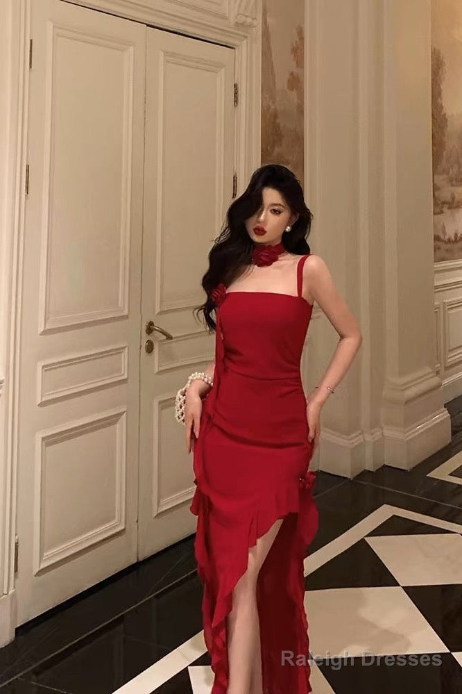 Stunning Sheath Spaghetti Straps Red Ruffles Date Night Dress Prom Dresses Birthday Outfit