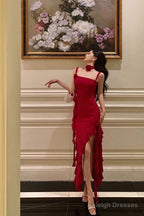 Stunning Sheath Spaghetti Straps Red Ruffles Date Night Dress Prom Dresses Birthday Outfit