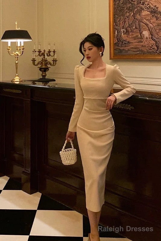 Stunning Sheath Square Neckline Long Sleeves Date Night Dress Prom Dresses Birthday Party Outfit