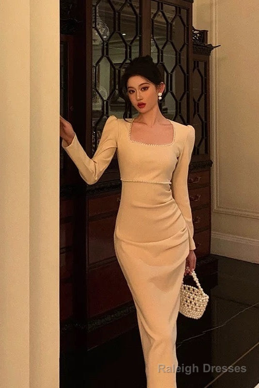 Stunning Sheath Square Neckline Long Sleeves Date Night Dress Prom Dresses Birthday Party Outfit