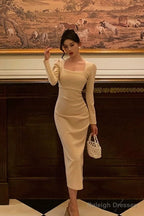 Stunning Sheath Square Neckline Long Sleeves Date Night Dress Prom Dresses Birthday Party Outfit