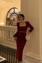 Stunning Sheath Square Neckline Long Sleeves Date Night Dress Red Prom Dresses Birthday Outfit