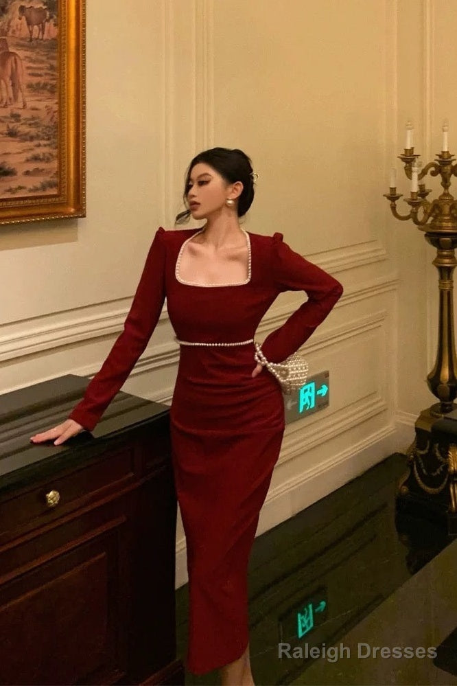 Stunning Sheath Square Neckline Long Sleeves Date Night Dress Red Prom Dresses Birthday Outfit