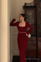 Stunning Sheath Square Neckline Long Sleeves Date Night Dresses Red Prom Dress Birthday Outfit
