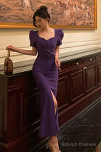 Stunning Sheath Square Neckline Short Sleeves Date Night Dress Grape Prom Dresses Birthday Outfit