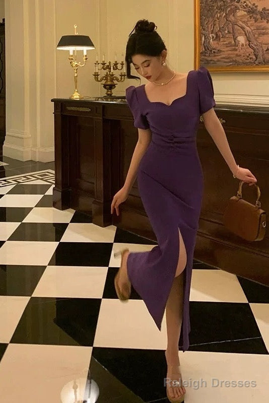 Stunning Sheath Square Neckline Short Sleeves Date Night Dresses Grape Prom Dress Birthday Outfit