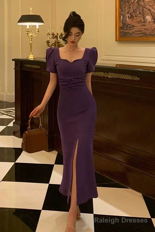 Stunning Sheath Square Neckline Short Sleeves Date Night Dress Grape Prom Dresses Birthday Outfit Main image