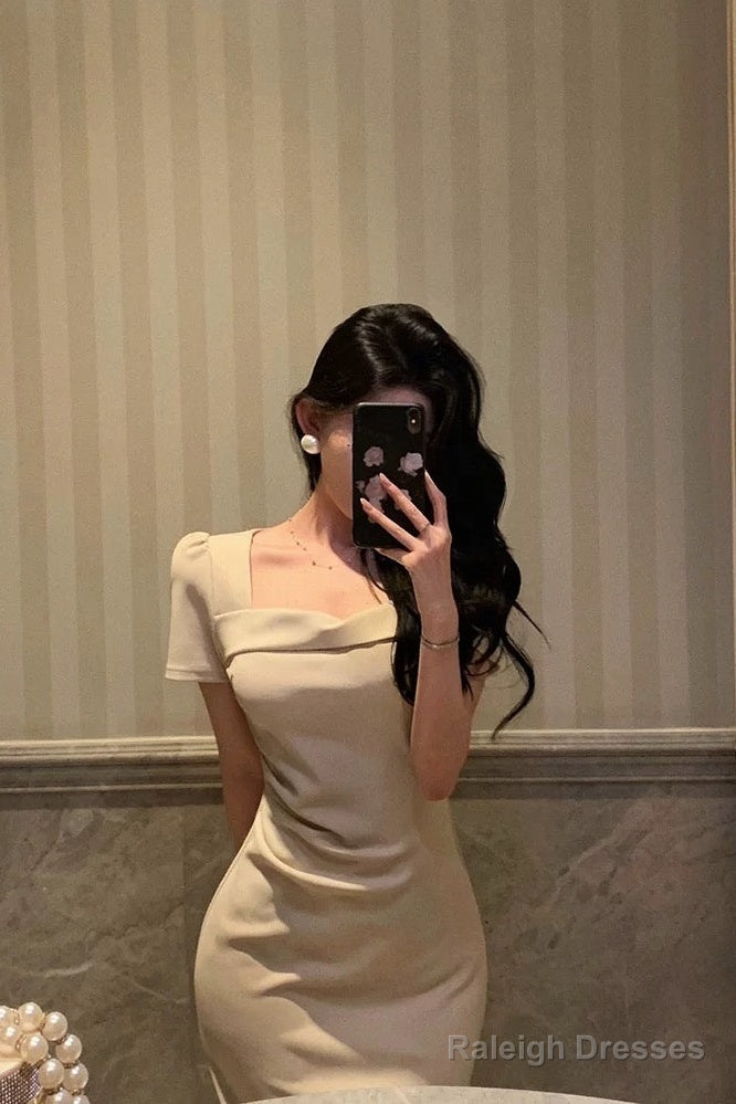 Stunning Sheath Square Neckline Short Sleeves Date Night Dress Prom Dresses Birthday Party Outfit