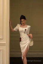 Stunning Sheath Square Neckline Short Sleeves Date Night Dress White Prom Dresses Birthday Outfit