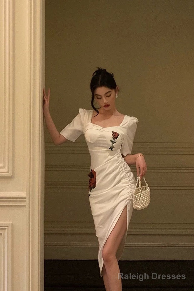 Stunning Sheath Square Neckline Short Sleeves Date Night Dress White Prom Dresses Birthday Outfit
