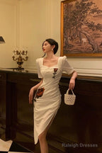 Stunning Sheath Square Neckline Short Sleeves Date Night Dress White Prom Dresses Birthday Outfit