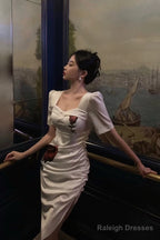 Stunning Sheath Square Neckline Short Sleeves Date Night Dress White Prom Dresses Birthday Outfit