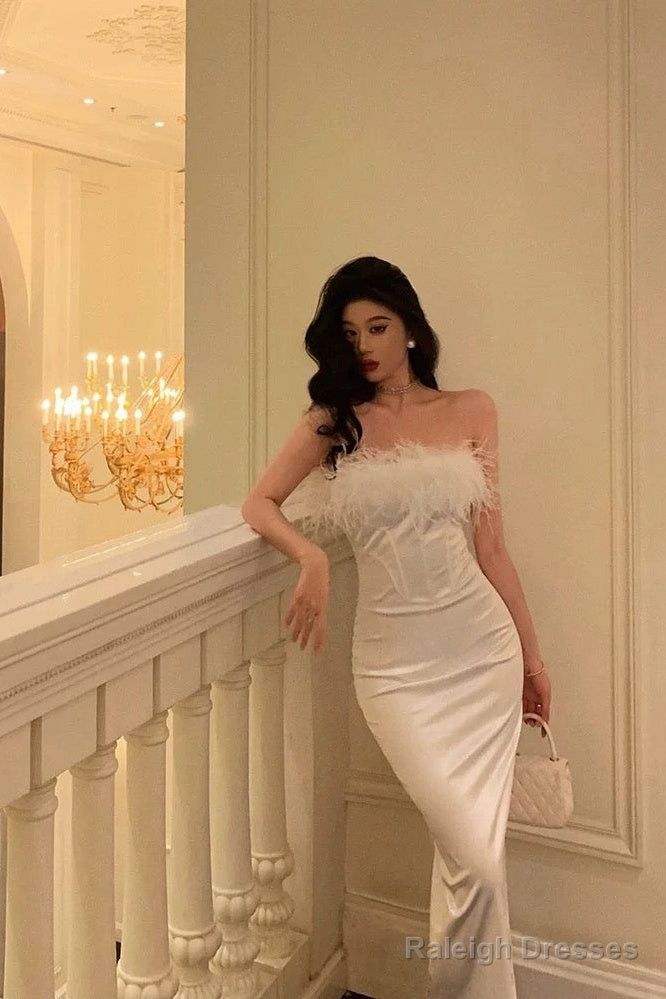 Stunning Sheath Strapless White Feather Date Night Dress Prom Dresses Birthday Outfit
