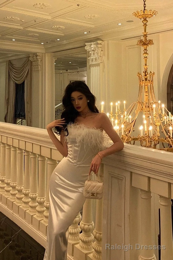 Stunning Sheath Strapless White Feather Date Night Dress Prom Dresses Birthday Outfit