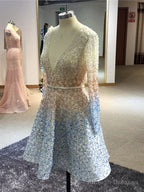 Stunning Sparkly Beading Sequin Long Sleeve V-Neck Homecoming Dresses