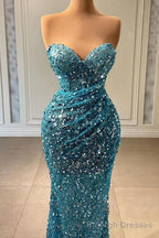 Stunning Sweetheart Blue Mermaid Prom Dress Long With Sequins Beads