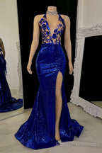 Stunning V Neck Sleeveless Prom Dresses Mermaid Sequins With Split